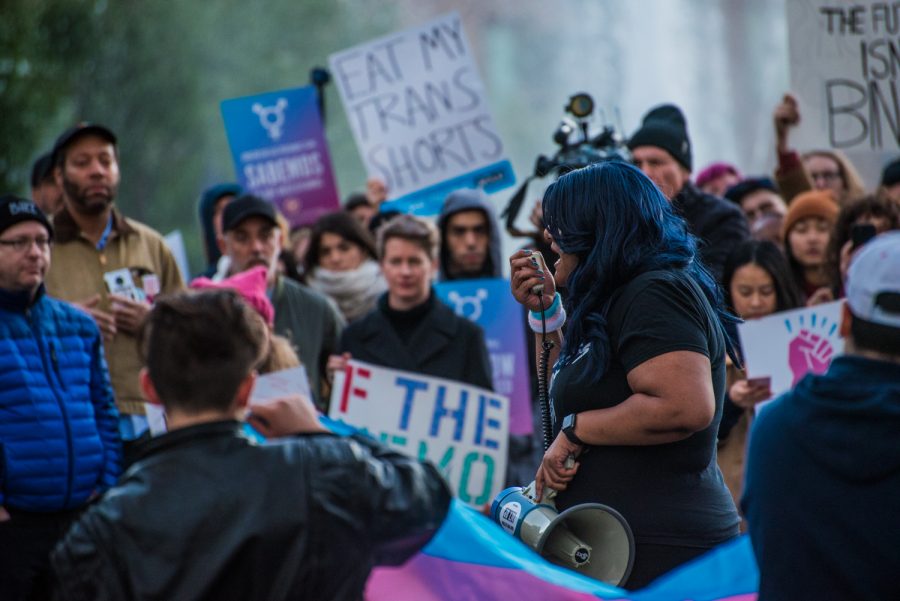 Protesters+gathered+in+Washington+Square+Park+on+Sunday+in+response+to+the+Trump+administration%E2%80%99s+attempt+to+restrict+transgender+people+from+serving+in+the+military.+%28Photo+by+Sam+Klein%29