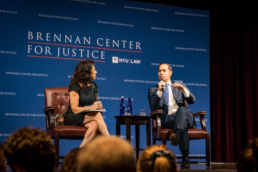 Former HUD Secretary Julián Castro discusses issues in current US administration and the state of American opportunity with NPR Latino USA Anchor Maria Hinojosa in a Brennan Center public conversation on Tuesday. (Photo by Tony Wu)