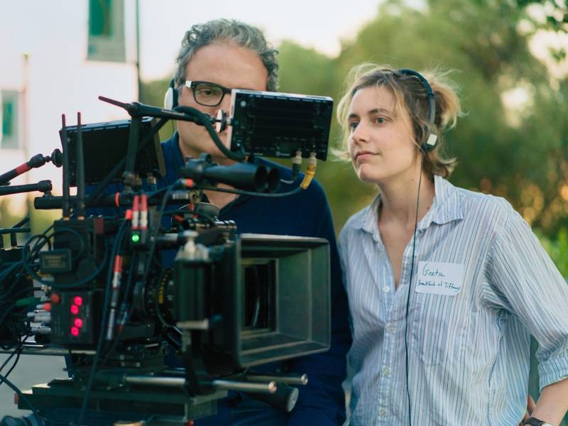 Greta Gerwig and Sam Levy on the set of Lady Bird. (Courtesy of A24)