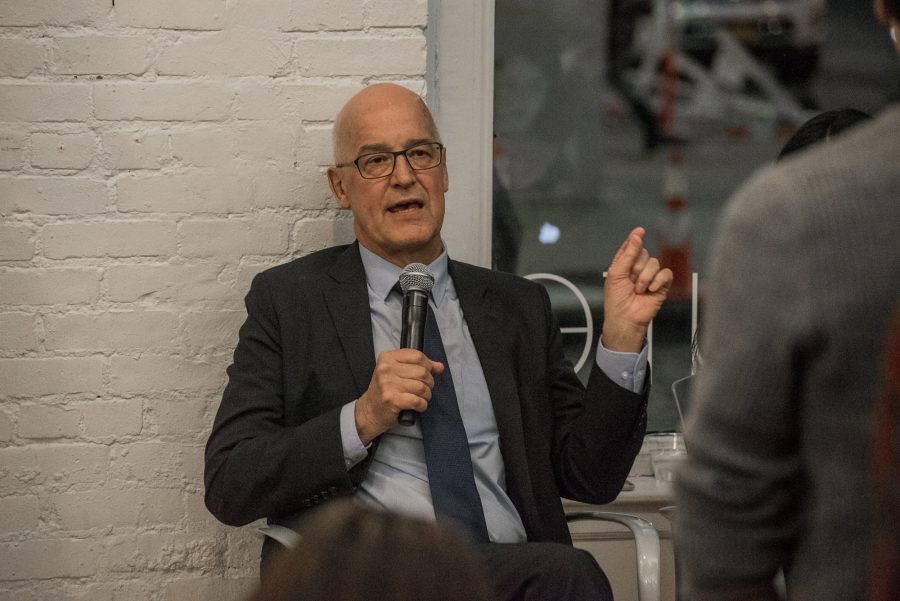 NYU President Andrew Hamilton answers questions at a town hall in November regarding the Being@NYU survey results. (Photo by Sam Klein)