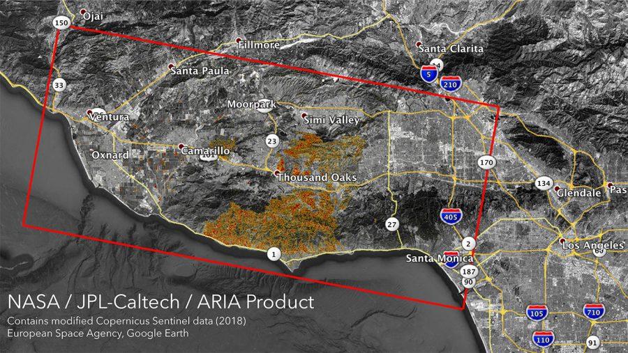 The Damage Proxy Map higlights the areas in California that is potentially impactd by the Woolsey and Camp Fires. (Courtesy of NASA/JPL-Caltech)