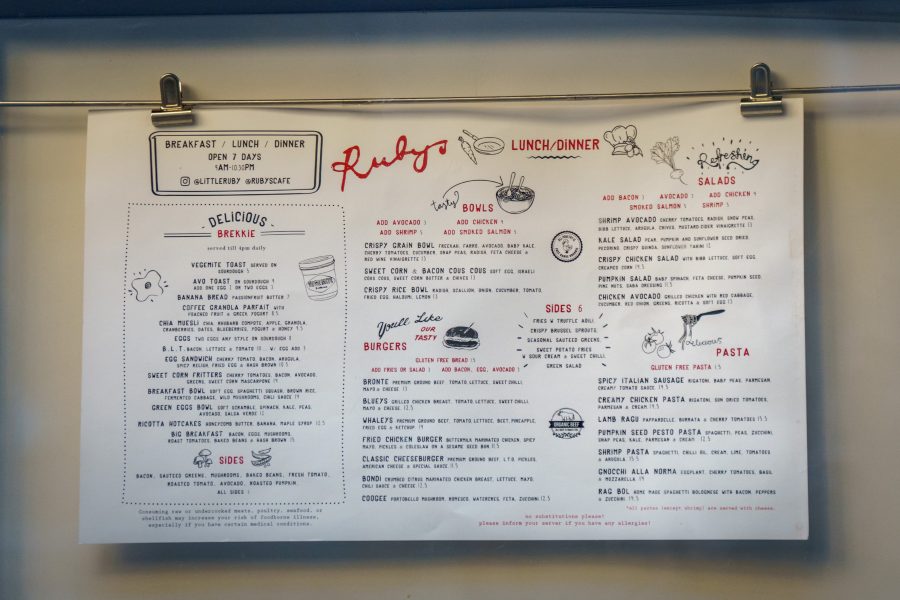 The menu of Ruby’s Cafe. (Photo by Tony Wu)
