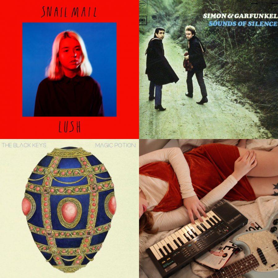 From left to right, clockwise: “Lush” by Snail Mail, “Sounds of Silence” by Simon and Garfunkel, “Magic Potion” by The Black Keys and “Collection” by Soccer Mommy. (via spotify.com)
