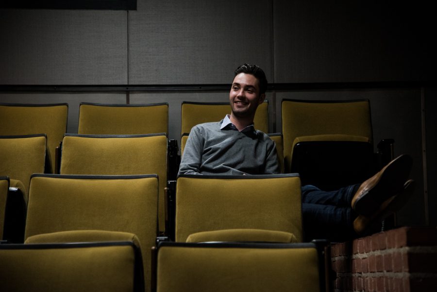 Tim Sebastian in a classroom in the Tisch building. Sebastian is the producer for Tisch New Theatre, most recently working on a production of “Next to Normal.” (Photo by Sam Klein)