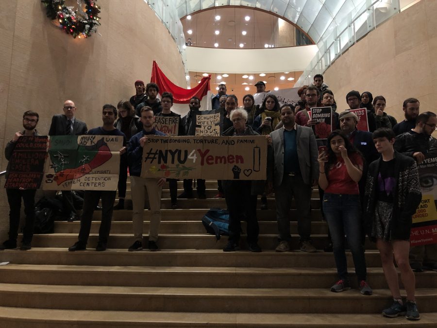 40 protestors on the steps of Kimmel protesting NYUs silence on conflict in Yemen. (Staff photo by Jared Peraglia)