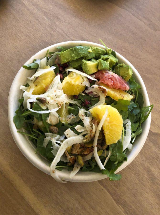The Sicilian C Bomb salad with citrus, avocado, shaved fennel, pomegranate, and toasted pistachio. (Photo by Sarah Gotfredsen)