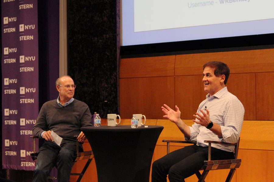 EMT Professor Greg Coleman (left) interviews Mavericks owner and entrepreneur Mark Cuban about one of his first start-ups, Broadcast.com, an early audio streaming service he began in 1995 before selling it to Yahoo for $5.7 billion. (Photo by Victor Porcelli)
