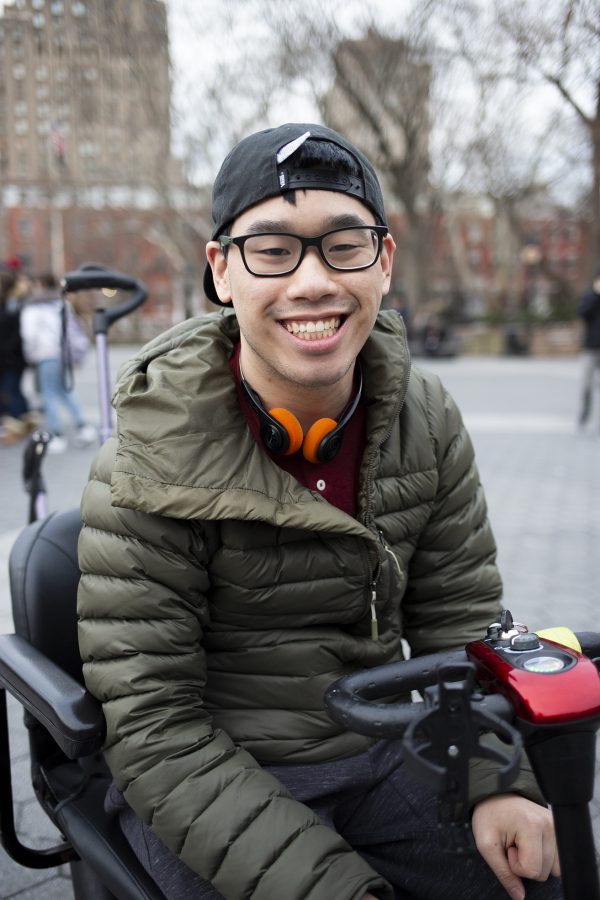 When not in a wheelchair, Brian uses ergonomic canes to help him move short distances. Sometimes, he gets help from his friends with getting his wheelchair into subway carts, however, navigating New York for him became a habit. (Photo by Katie Peurrung)