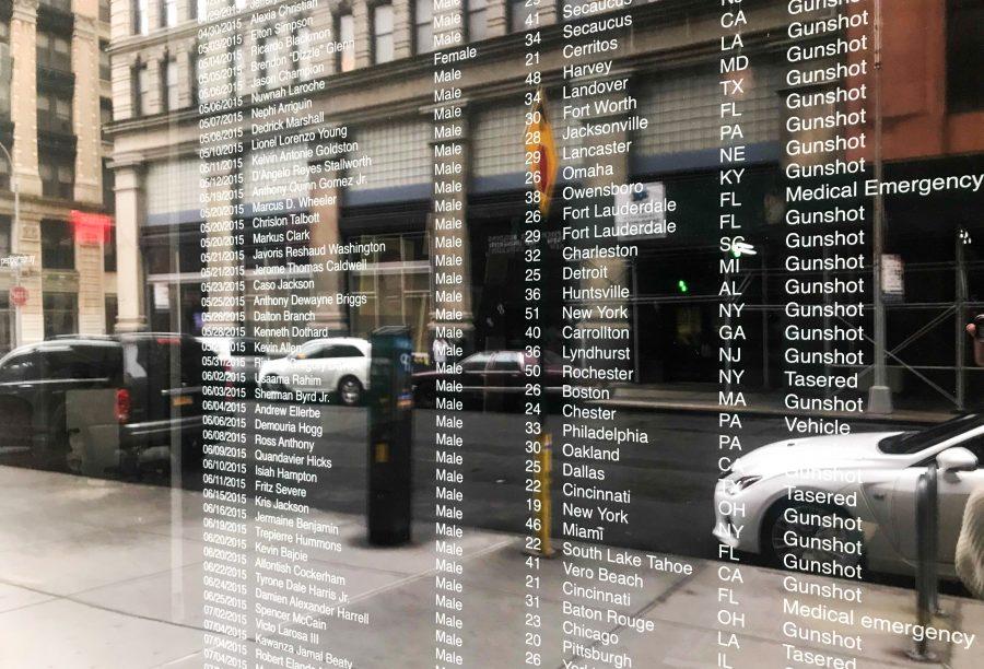 A view from the street of Steve Lockes “A Partial List of Unarmed African-Americans who were Killed By Police... Lockes work examines the intersection of the personal and the political, addressing his own inescapable connection to oppressive power structures like racism and homophobia.(Staff Photo by Julia McNeill)
