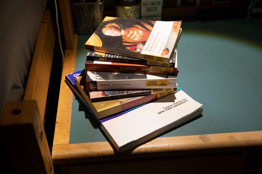 Textbooks from CAS first-year Anna Nuratovas dorm. (Photo by Alina Patrick)
