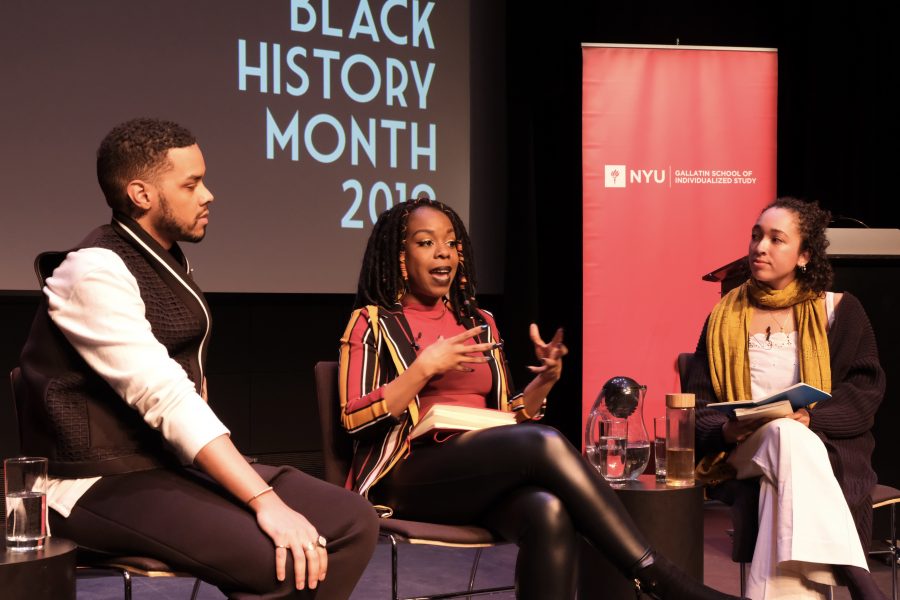 Panelists Kleaver Cruz and Jewel Cadet discuss intersectional politics and activism with moderator Ayasha Guerin. (Photo by Elaine Chen)