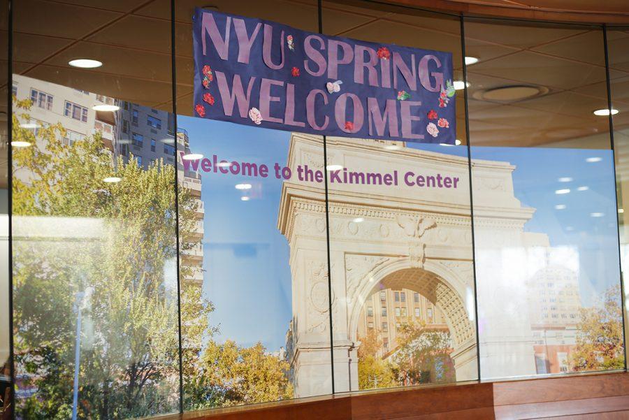 NYU Spring Welcome sign in the Kimmel Center. (Staff Photo by Alina Patrick)