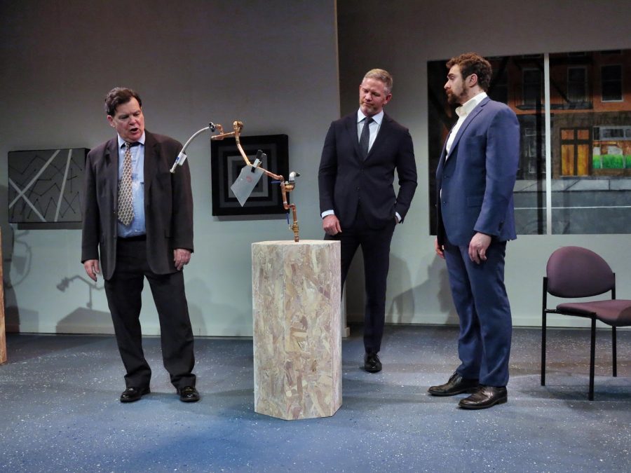 Mark Solari, David Mckittrich and Christopher Lowe (L to R) in “Catapult!” at Theater for the New City. The new play lampoons the hypocrisies of New York Citys fine art scene. (Photo courtesy by Theater for the New City)