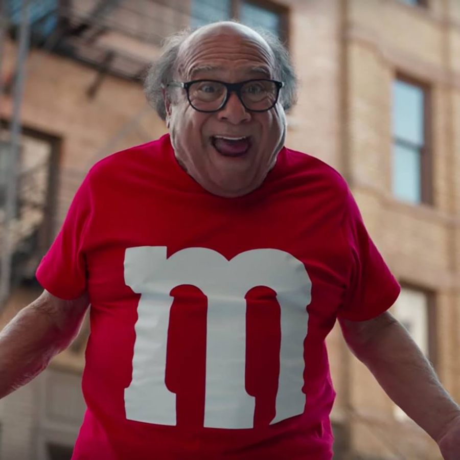 Danny DeVito in M&M's Super Bowl commercial. (via Facebook)