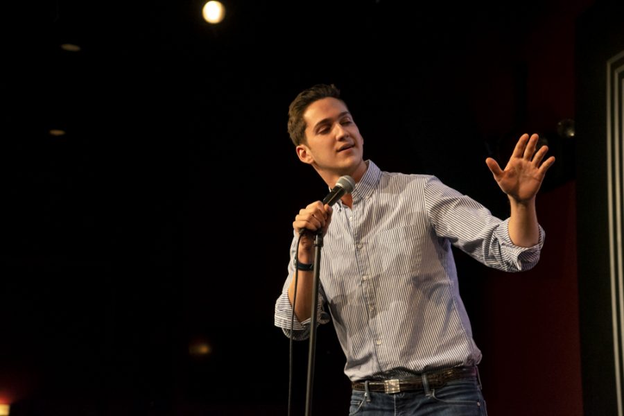 Friend doing one of his three Barack Obama impressions to an audience at Gotham Comedy Club. He says that his Obama impression surprises people the most, and it’s one of the impressions in his expansive reportoire he has mastered. (Photo by Alana Beyer)