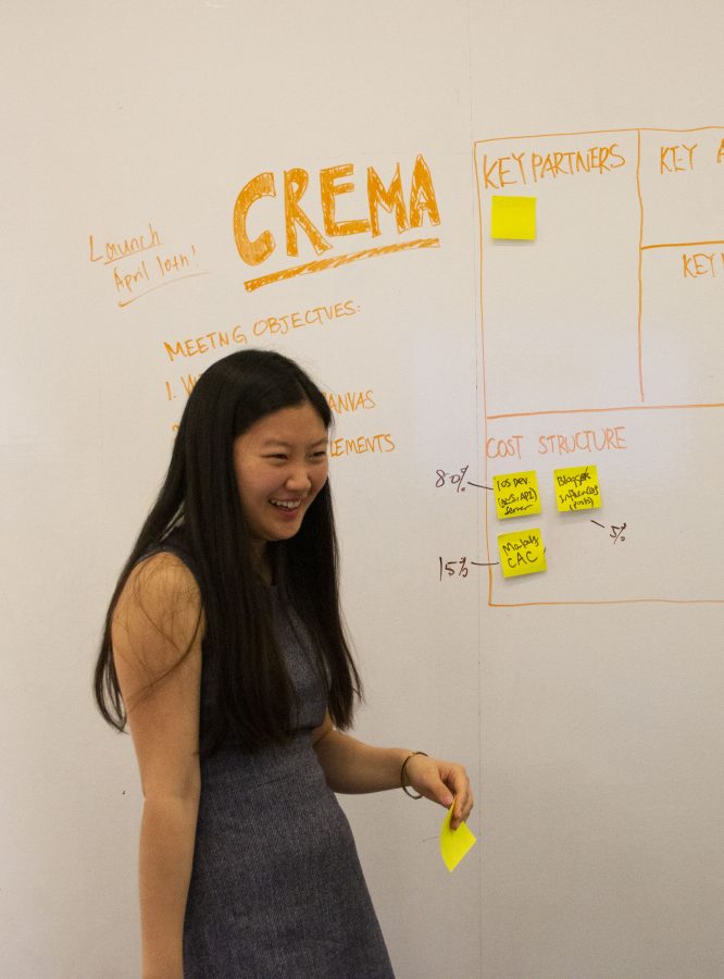 Ma Qing keeps a lively and creative dynamic in her business meetings. Her energy and passion for Crema is contagious in her start-up meeting.  (Photo by Jorene He)