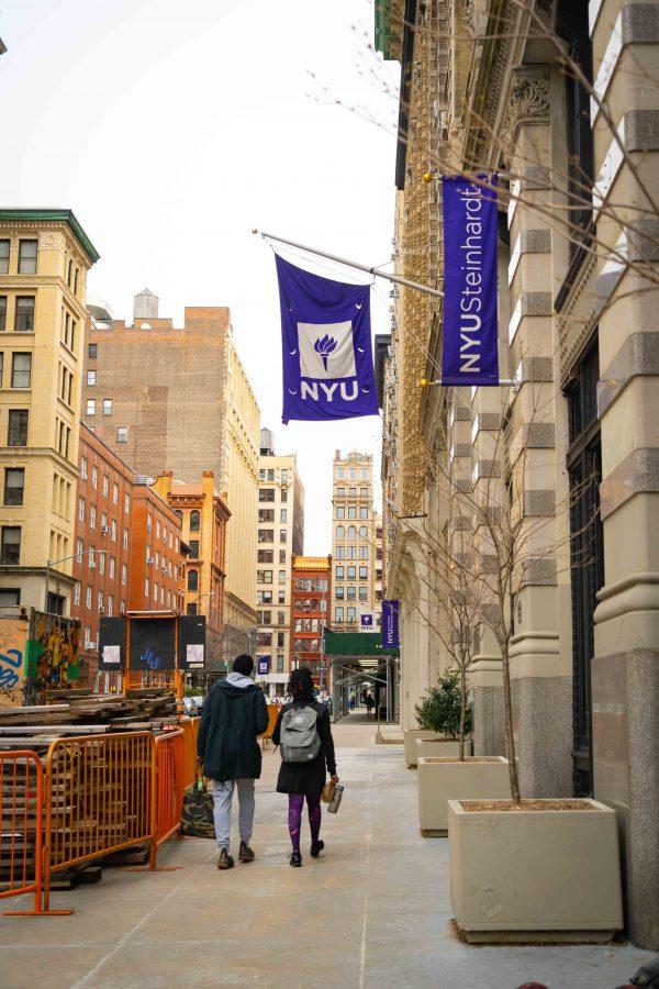 Steinhardt flags fly above its Washington Square East building. (Staff Photo by Alana Beyer)