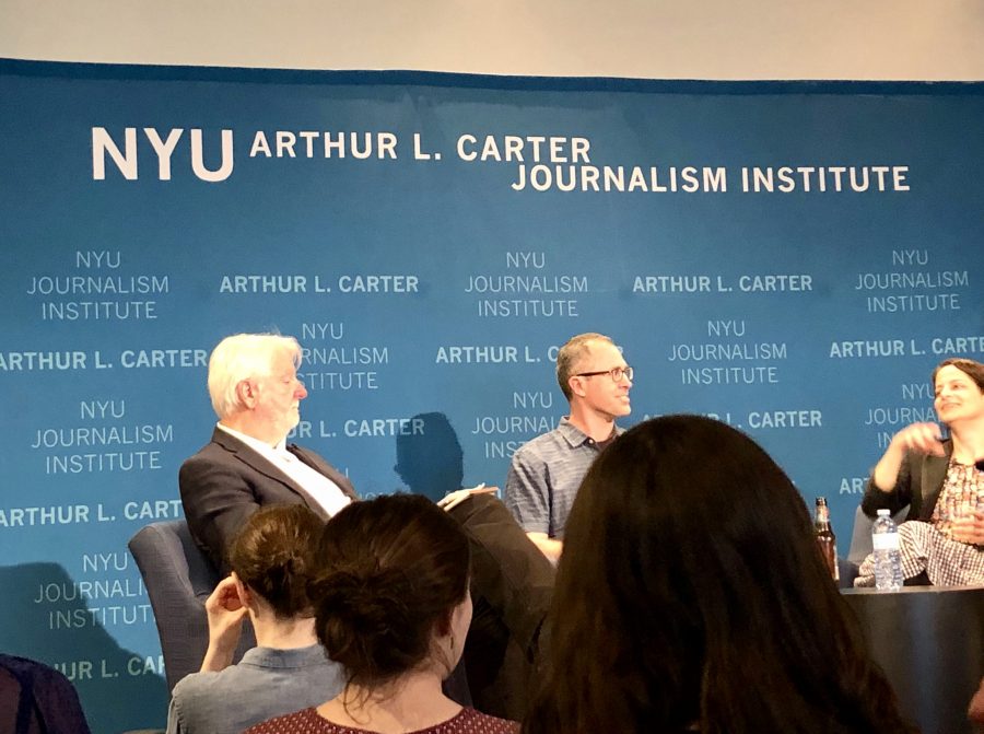 Robert Hotz, Brain Nosek and Alicia Speigel held a discussion on Journalism on the Brain at the Arthur L. Journalism institute. (Photo by Mansee Khurana) 