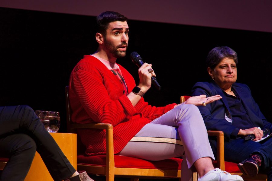 NYU+alumnae+and+current+editor+in+chief+of+OUT+Magazine%2C+Phillip+Picardi%2C+references+his+time+covering+LBGT+rights+at+Teen+Vogue+at+an+NYU+Stonewall+Talk.+%28Staff+Photo+by+Alana+Beyer%29