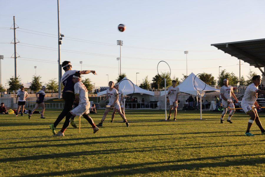 CAS senior Landon Garfinkel throws a quaffle in a match against the University of Maryland. NYU won the game 190-170 to advance to the semifinals of the U.S. Quidditch Cup 12 for the first time. (Courtesy of NYU Quidditch)
