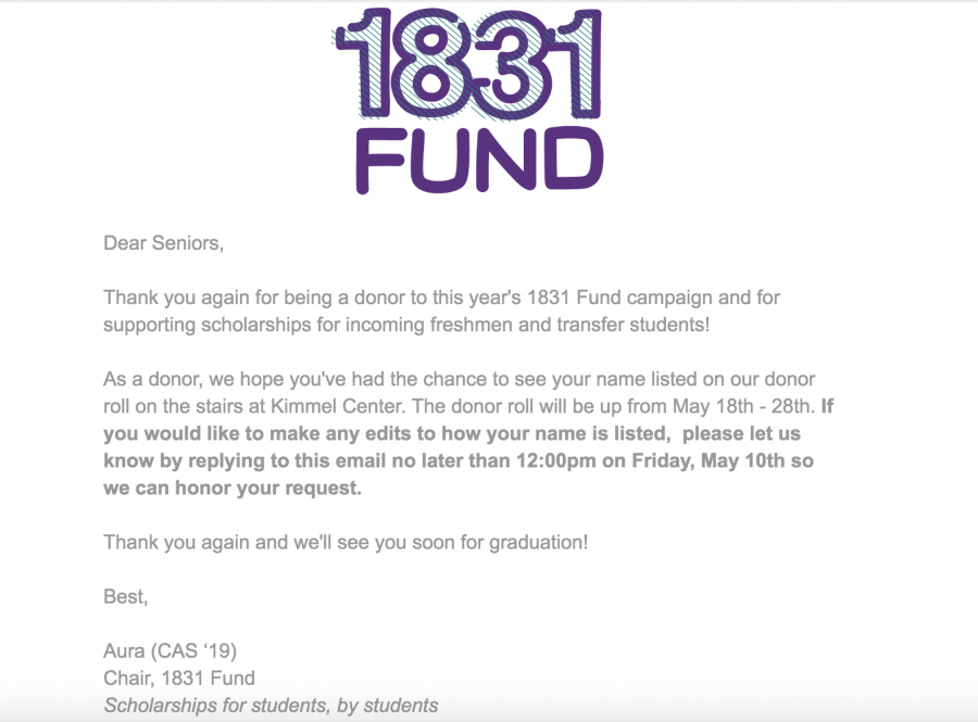 The 1831 Fund sent an email to seniors on Tuesday asking if they wanted their names to be changed on the Kimmel steps. (Photo by WSN)
