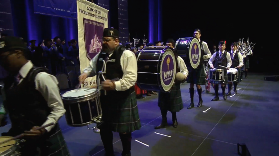 NYU Bags and Pipes ensemble opens the 30th baccalaureate convocation of the School of Professional Studies. (via NYU) 