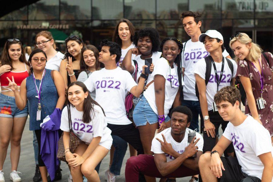 A group of NYU students pose during Welcome Week. (via NYU)
