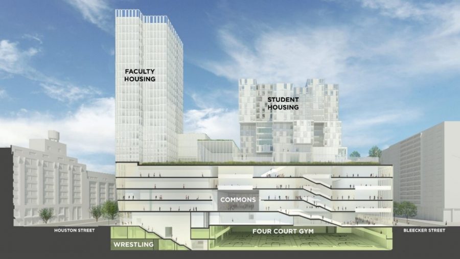 New sports facilities are included in the layout plan for the in-progress NYU building on Mercer St. (Graphic via NYU)