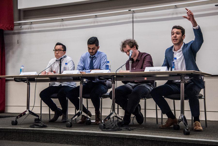 Four NYU political student groups debate in April 2018. The NYU College Democrats and NYU College Republicans have hired new executive boards and hope to coordinate more frequently this fall. (Photo by Sam Klein)