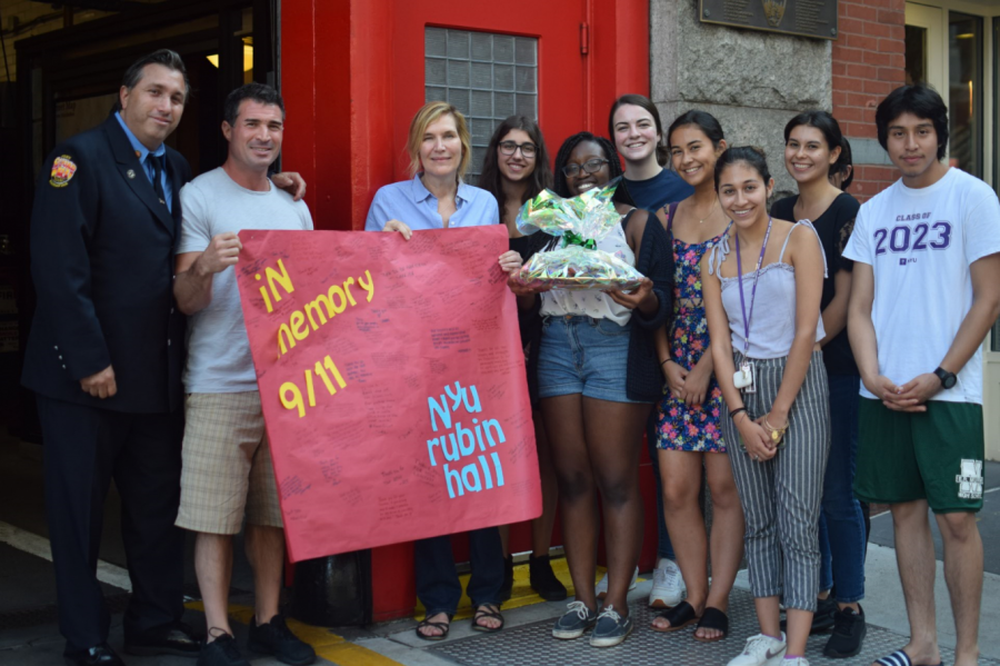 Heidi and students wait outside FDNY Squad 18s fire station. (Photo by Ronni Husmann)