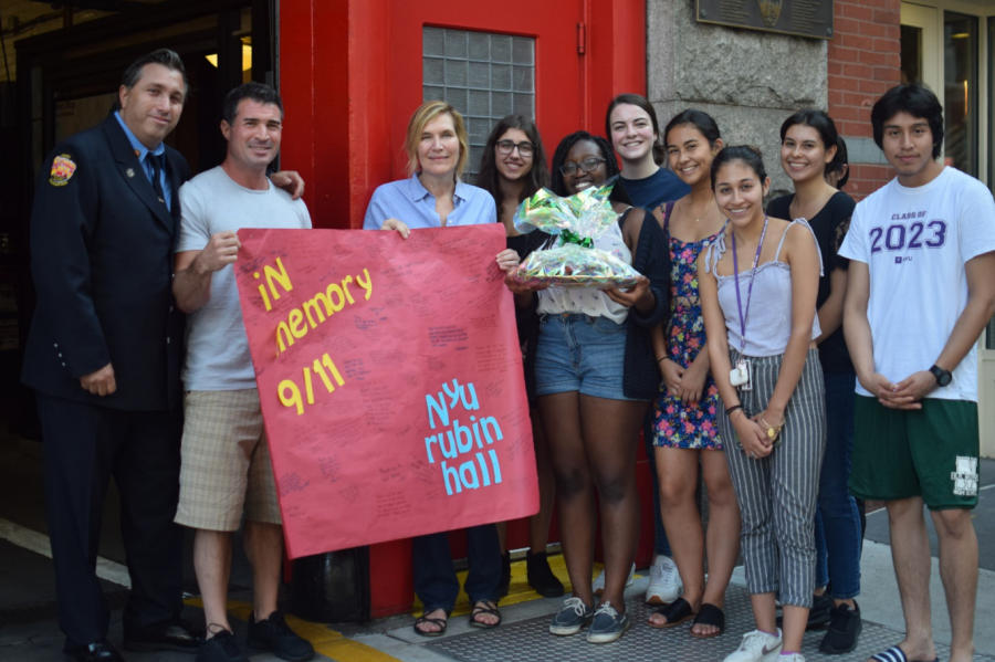 Heidi and students wait outside FDNY Squad 18's fire station. (Photo by Ronni Husmann)