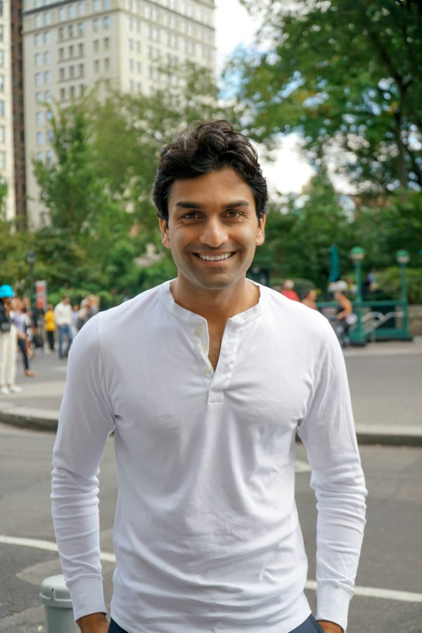 Suraj Patel stands on the busy streets of Union Square West. Patel, an assistant adjunct professor at Stern, is rerunning for congress on a progressive agenda that prioritizes criminal justice reform, debt-free college, defunding ICE and the Green New Deal. (Staff Photo by Min Ji Kim)