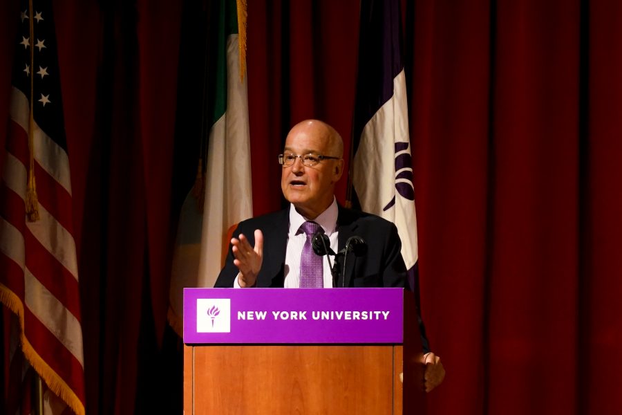 NYU President Andy Hamilton delivers opening remarks and introduces President Higgins. (Staff Photo by Min Ji Kim)