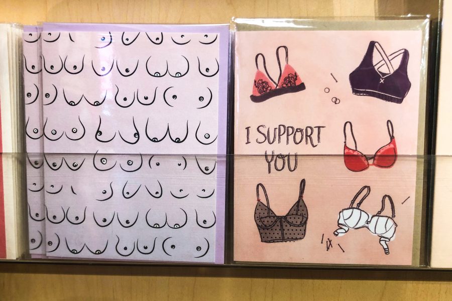 Postcards with bra patterns in Strand Bookstore. (Photo by Bella Gil)