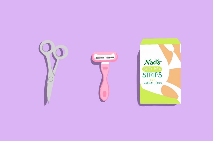 Scissors, a sharp razor, and Nad’s Body Wax Strips are all essentials when it comes from maintaining the nether regions. (Staff Illustration by Min Ji Kim)