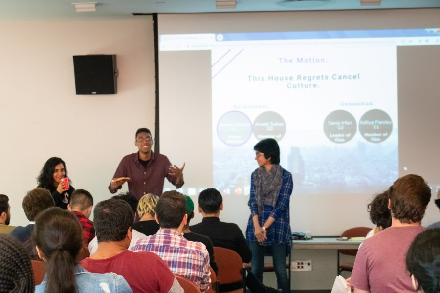 The executive board of the NYU Parliamentary Debaters Union speaks about cancel culture. (Staff Photo by Marva Shi)