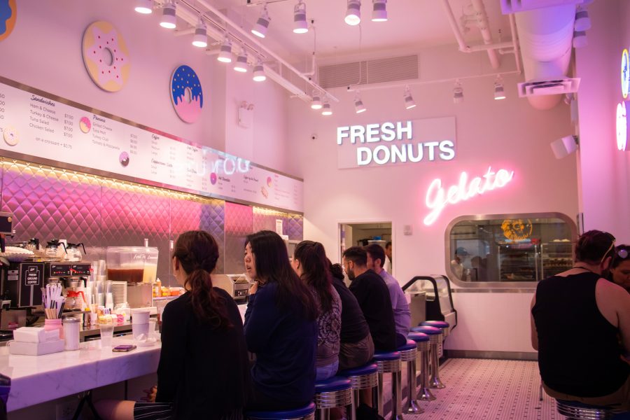 The Donut Pub, located on Broadway near the NYU Bookstore, features a variety of sweet treats and a retro dining style. (Staff photo by Marva Shi)