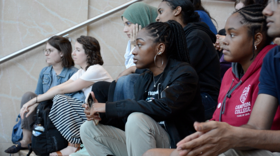Students gather at the Kimmel Staircase on Tuesday in vigil for those affected by Hurricane Dorian, the most powerful recorded tropical cyclone to hit the Bahamas. (Photo by Manasa Gudavalli)