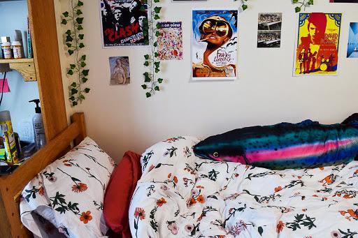 Sophia Ettin’s Palladium room displays vibrant posters from her London study abroad. She also keeps a Rainbow trout pillow that was given by a friend. (Photo by Sabrina Choudhary)