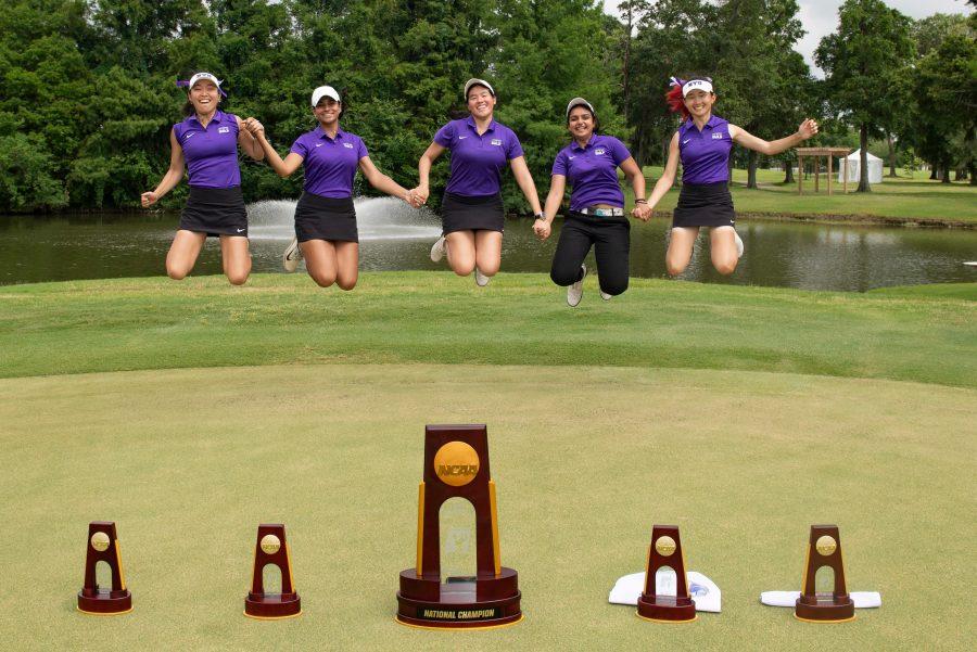 Members of the womens golf team celebrate after winning the first national title in program history in May. (via NYU Sports Information)