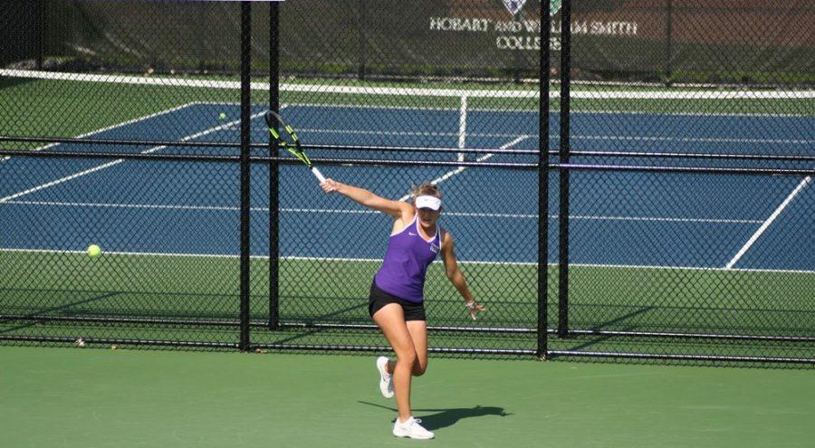 CAS junior Coco Kulle returns a shot at a Sept. 22 tournament. (via NYU Athletics) 