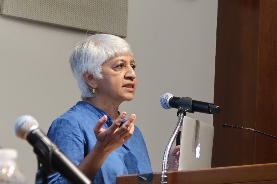 Tejaswini Niranjana, a cultural theorist and author, speaks on the #MeToo movement in relation to the Hong Kong protests. (Staff Photo by Chelsea Li)