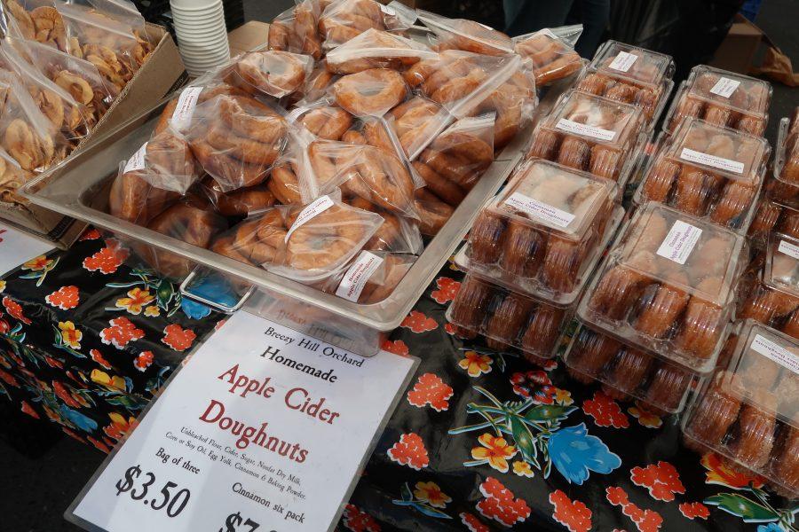 Apple cider doughnuts come with a pack of six for seven dollars. The Union Square Green Market has a plethora of treats and groceries for all. (Staff Photo by Chelsea Li)