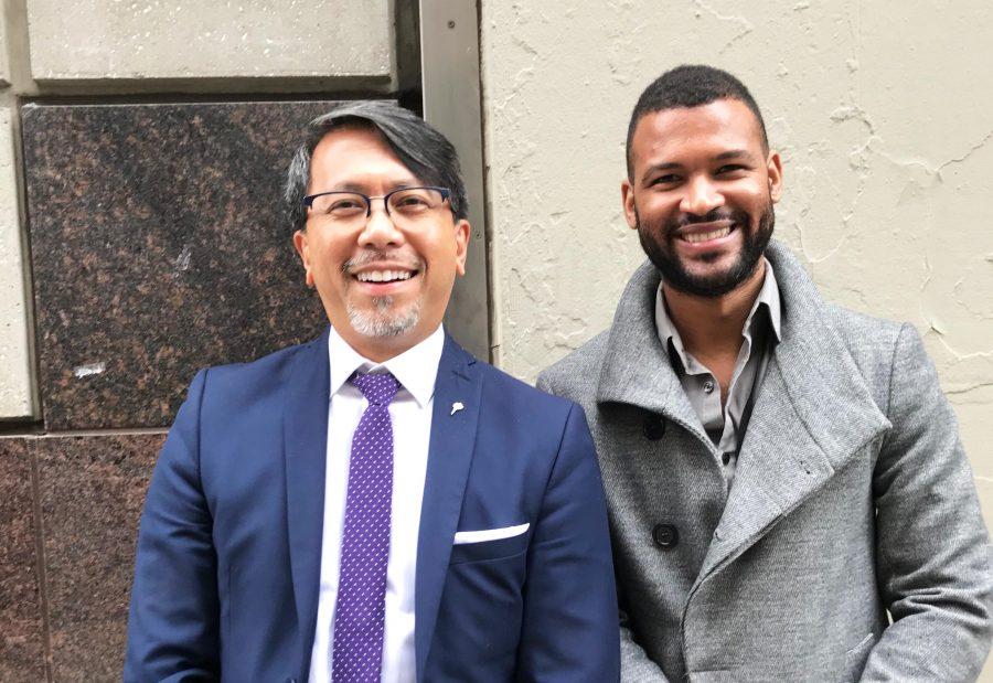 Frank Baez (right) with his professor Fidelindo Lim (left.) Baez graduated from New York University Rory Meyers College of Nursing years after he worked here as a janitor. (Photo by Matthew Fischetti)