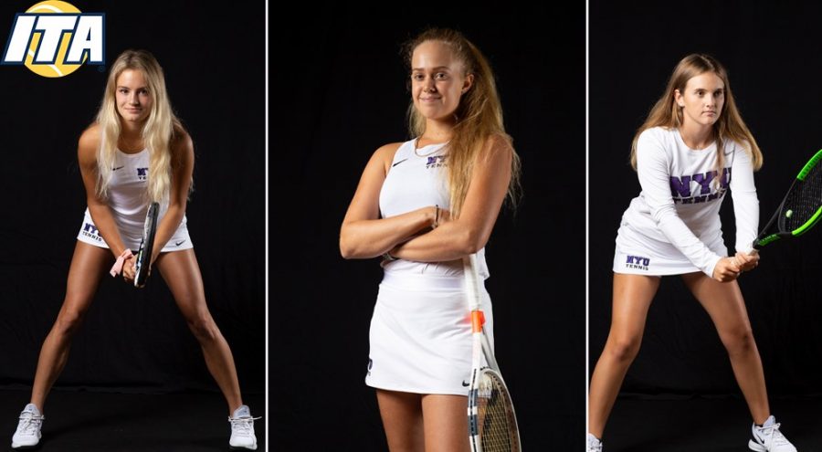 Three NYU womens tennis team members played in the Oracle ITA Cup in Rome on Thursday. Left to right: Anna Maria Buraya, Karina Jensurd and Anastasiia Balyk.  (Via NYU Athletics) 