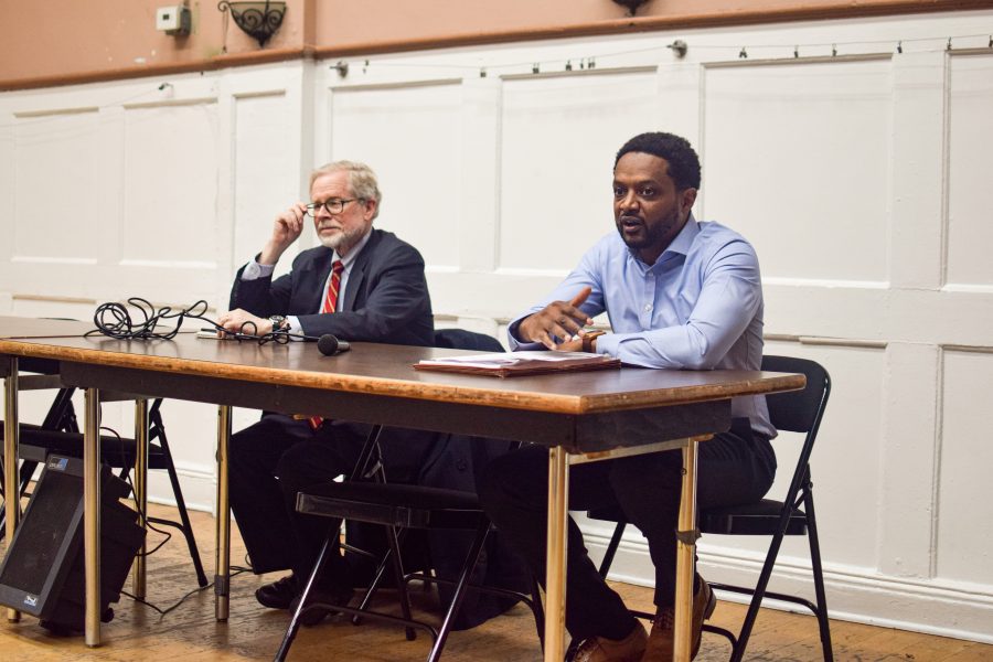 Assemblyperson Richard Gottfried (left) and The Legal Aid Society lawyer Robert Desir (right) on Monday explaining The Housing Stability and Rent Protection Act of 2019. (Staff Photo by Ronni Husmann)