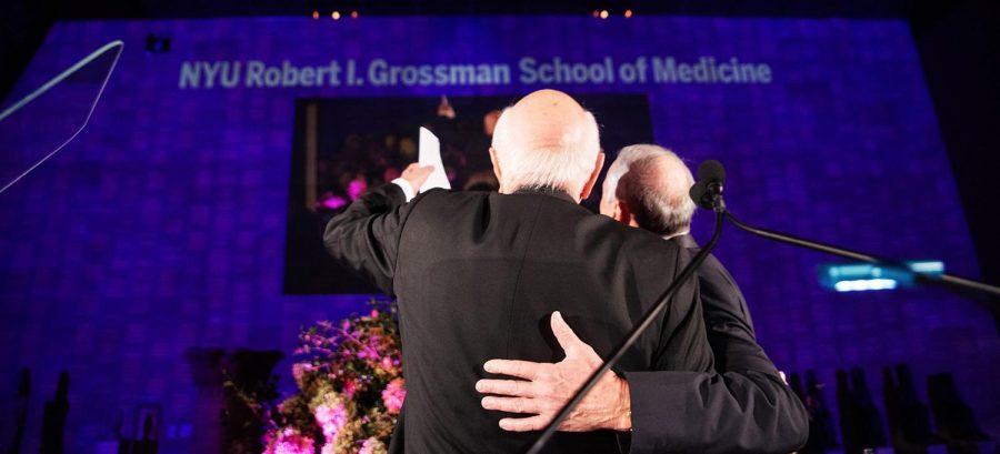 Dr. Robert I. Grossman and Ken Langone after the renaming announcement. NYU Langone Health is renaming its medical school NYU Robert I. Grossman School of Medicine. (Photo by Jordan Rathkopf. Via NYU Langone)