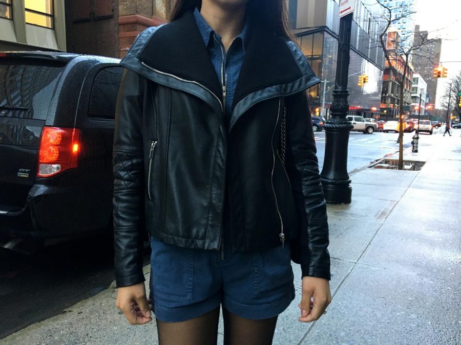 Replace the old-fashioned leather Moto jacket with a trendy leather blazer this winter. (Photo by Talia Barton)