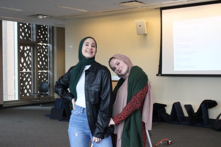 As commuter students, Sarah Elfarra (left) and Melanie Mohsen (right), spend their time between classes on the fourth floor of G-CASL to be close to the mosque prayer space. (Photo by Ali Zimmerman)