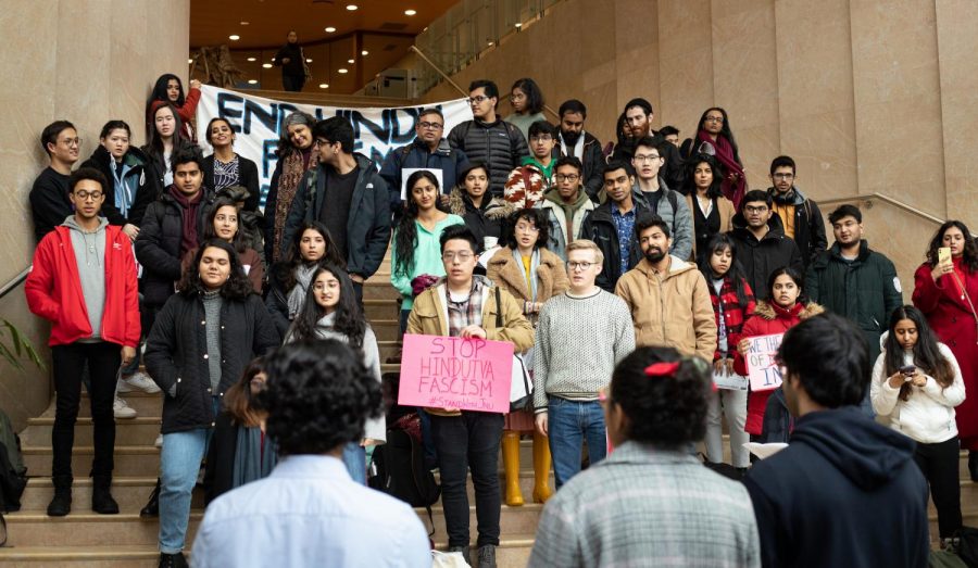 Signs and banners covered the steps at the Kimmel Center. Students stand in solidarity to end Fascism in Hindu communities. (Photo by AJ Nickell)